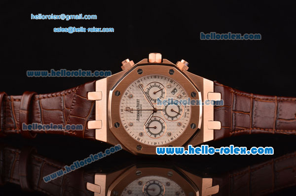 Audemars Piguet Royal Oak Chronograph Miyota OS20 Quartz Rose Gold Case with Brown Leather Strap White Dial and Dimond Markers - Click Image to Close